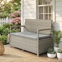 Outsunny 170 L Garden Storage Bench with Zipped Liner, 2 Seater Rattan Garden Bench with Storage, Gas Strut, Cushion, Light Grey(m-2)