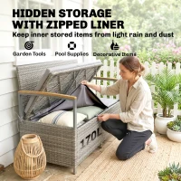 Outsunny 170 L Garden Storage Bench with Zipped Liner, 2 Seater Rattan Garden Bench with Storage, Gas Strut, Cushion, Light Grey(m-5)