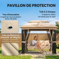 Outsunny Balancelle de Jardin 3 Places Convertible Style Colonial Grand Confort 5 Coussins + Matelas + moustiquaires Inclus 2,56L x 1,72l x 2,48H m Marron Clair(m-5)