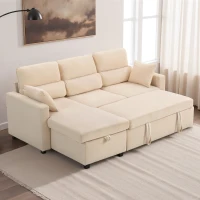 HOMCOM Sofá Cama Esquinero con Compartimento, Tapizado en Terciopelo Acanalado y 2 Cojines, 205x135x76 cm, Beige(m-6)