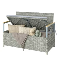 Outsunny 170 L Garden Storage Bench with Zipped Liner, 2 Seater Rattan Garden Bench with Storage, Gas Strut, Cushion, Light Grey(m-15)