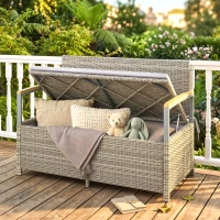 Outsunny 170 L Garden Storage Bench with Zipped Liner, 2 Seater Rattan Garden Bench with Storage, Gas Strut, Cushion, Light Grey(m-8)