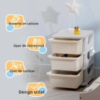 HOMCOM Cutii de depozitare pentru copii, 3 sertare mari, margini rotunjite, plastic, 37x37x56,5 cm, Crem(m-4)
