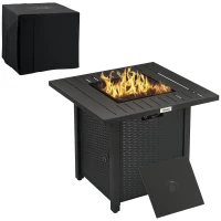 Outsunny Rattan-style Propane Gas Fire Pit Table with 40,000 BTU Burner, Square Smokeless Firepit Patio Heater with Thermocouple, Lava Rocks, Waterproof Cover, Spark Guard and Lid, Black(m-1)