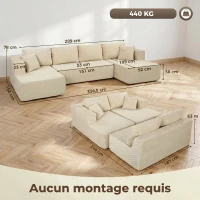 HOMCOM Komprimiertes modulares U‑Sofa 337 cm, 4‑Sitzer Schlafsofa in Cordvelours, breite Sitzfläche, Creme(m-3)