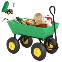 Outsunny Gartenwagen mit Kippfunktion bis 200 kg Handwagen mit 75 Liter Kunststoffwanne Ziehgriff Luftbereifung Dunkelgrün(m-12)