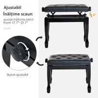 HOMCOM Scaun Banca pentru Pian, Inaltime Reglabila, din Lemn si Piele artificiala Neagra(m-6)