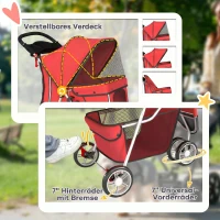 PawHut Hondenbuggy Inklapbaar met Opbergmand, Kussen, Mesh-Ramen en Bekerhouder voor Kleine Honden tot 10 kg Rood(m-6)