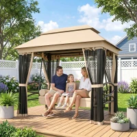 Outsunny Balancelle de Jardin 3 Places Convertible Style Colonial Grand Confort 5 Coussins + Matelas + moustiquaires Inclus 2,56L x 1,72l x 2,48H m Marron Clair(m-9)