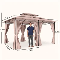 Outsunny Gazebo da Giardino 4x3m con Doppio Tetto e Tende Laterali in Acciaio e Poliestere, Color Cachi(m-3)