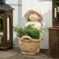 Outsunny Buitenzonnig tuinbeeldje meisje met bloempot Weerbestendig tuinbeeld(m-10)