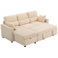 HOMCOM Sofá Cama Esquinero con Compartimento, Tapizado en Terciopelo Acanalado y 2 Cojines, 205x135x76 cm, Beige(m-7)