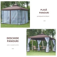 Outsunny Pavilion de grădină cu plasă antimuște și pereți laterali, cort pentru petreceri cu acoperiș dublu, cort de grădină 2,97x2,97m(m-6)