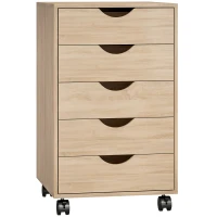 HOMCOM Büroschubladenschrank mit Rollen und 5 Schubladen, mobiler Aktenschrank für Arbeitszimmer, Wohnzimmer 40x40x67 cm Eiche(m-1)