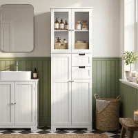 HOMCOM Meuble haut de rangement, armoire avec portes vitrées et étagères réglables pour salle de bain, cuisine, salon, blanc(m-14)