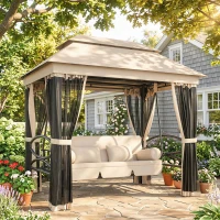 Outsunny Balancelle de Jardin 3 Places Convertible Style Colonial Grand Confort 5 Coussins + Matelas + moustiquaires Inclus 2,56L x 1,72l x 2,48H m Marron Clair(m-10)