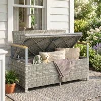 Outsunny 170 L Garden Storage Bench with Zipped Liner, 2 Seater Rattan Garden Bench with Storage, Gas Strut, Cushion, Light Grey(m-9)