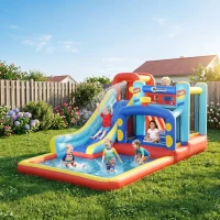 Outsunny Castillo Inflable de 3-8 Años con Soplador Tobogán Trampolín Piscina Bolsa de Transporte 435x245x200 cm Multicolor(m-10)
