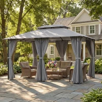 Outsunny Pavillon 3x4m Gartenpavillon mit 6 Seitenteilen Partyzelt Gartenzelt Festzelt mit Doppeldach Dunkelgrau(m-9)