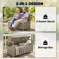 Outsunny 170 L Garden Storage Bench with Zipped Liner, 2 Seater Rattan Garden Bench with Storage, Gas Strut, Cushion, Light Grey(m-4)