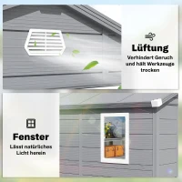 Outsunny Gerätehaus, Gartenhaus, Geräteschuppen mit Lüftungsfenster, Kunststoff, Metall, 240 x 190 x 180/228, Grau(m-5)