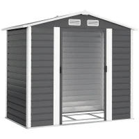 Outsunny Cobertizo Metálico para Jardín 213x120x166/194 cm con Base Refuerzo Puertas Correderas y Ventilaciones Gris Oscuro(m-1)