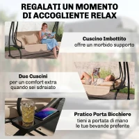 Outsunny Dondolo Letto da Giardino 3 Posti con Tetto Regolabile e Vassoio, 200x120x164 cm, Marrone Chiaro(m-7)