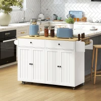 HOMCOM Isla de cocina con ruedas, 2 cajones, 2 armarios, móvil, estante para especias, toallero, soporte para cuchillos, MDF, Blanco(m-5)