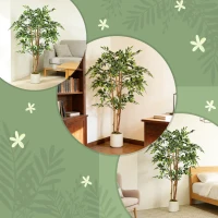HOMCOM Kunstbanyanboom Kunstplant met Massiefhouten Stam en Pot – voor Woonkamer Slaapkamer Kantoor 65 x 65 x 150 cm Groen(m-7)