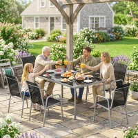 Outsunny Conjunto de Mesa y Sillas Jardín con Mesa de Vidrio Templado y 6 Sillas Apilables Transpirables para Terraza Negro(m-9)