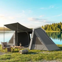 Outsunny Tente Gonflable de Camping 4 Personnes Blackout Tente à Air 5,8m de Long 2 Chambres et Séjour 580x270x202cm Gris Foncé(m-2)