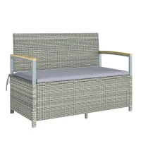 Outsunny 170 L Garden Storage Bench with Zipped Liner, 2 Seater Rattan Garden Bench with Storage, Gas Strut, Cushion, Light Grey(m-1)