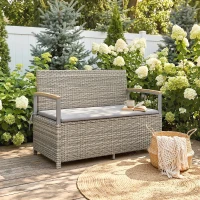 Outsunny 170 L Garden Storage Bench with Zipped Liner, 2 Seater Rattan Garden Bench with Storage, Gas Strut, Cushion, Light Grey(m-14)