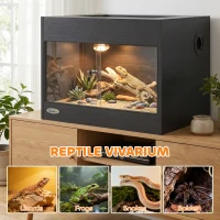 PawHut Terrarium pour Reptiles en Bois OSB, Porte en Verre Trempé, Serrure Sécurisée et Couvercle Amovible, 60x45x45cm, Noir(m-8)
