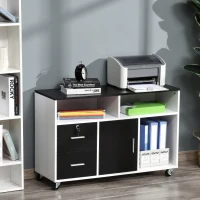 HOMCOM Móvel Auxiliar de Escritório Móvel Arquivador com Rodas Prateleiras Gaveta e Armário Multiuso com Grande Armazenamento 100x35x65cm Preto e Branco(m-8)