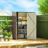 Outsunny Gerätehaus 1,07 m² mit Schrägdach, 142 x 86 x 189 cm Geräteschuppen mit abschließbar Tür, Gartenhaus, Stahl, Braun(m-10)