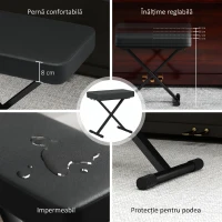 HOMCOM Scaun pentru Pian Pliabil și Reglabil pe 4 Înălțimi, din Piele PU, Spumă și Metal, 60x32x53-63 cm, Negru(m-4)