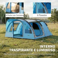 Outsunny Tenda Campeggio a Tunnel per 2-4 Persone Alta 200cm con 2 Stanze, Impermeabile 3000mm per Trekking, Azzurro(m-6)