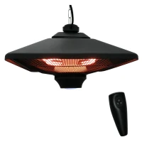 Outsunny Hanging Electric Patio Heater with 2 Power Settings, 1000/2000W Waterproof Ceiling Mounted Aluminium Halogen Infrared Outdoor Heater Warmer with LED Light and Remote Control, Black(m-1)