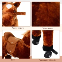 HOMCOM Caballo de Juguete para Niños de +2 Años con Ruedas Sonidos y Estructura de Metal Carga 60kg 65x28x75 cm Marrón(m-7)