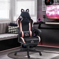 HOMCOM Scaun de Gaming Reclinabil cu Suport pentru Picioare și Perne, din Piele Ecologică și Spumă, 65x62x116-124 cm, Roz și Negru(m-2)