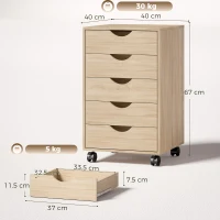 HOMCOM Sertarieră birou cu roți și 5 sertare, arhivor mobil, pentru birou, living 40x40x67 cm Stejar(m-3)