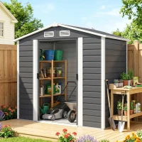 Outsunny Cobertizo Metálico para Jardín 213x120x166/194 cm con Base Refuerzo Puertas Correderas y Ventilaciones Gris Oscuro(m-2)