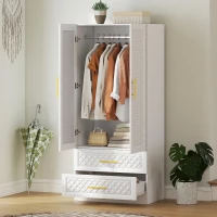 HOMCOM Kleiderschrank Schlafzimmer mit Spiegel, 2 Schubladen, 2 Türen und Kleiderstange, 80 x 50 x 180 cm, weiß(m-6)