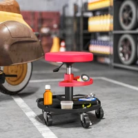 HOMCOM Taburete de Taller Giratorio con Ruedas Altura Ajustable de 40-51 cm y 2 Bandejas Carga 135 kg para Garaje Rojo(m-10)