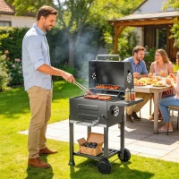 Outsunny Holzkohlegrill Kompakt Grillwagen mit Deckel Thermometer Grillrost Seitentisch Aschefach Lüftungsschlitzen(m-10)
