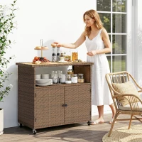 Outsunny Servierwagen Rattan Küchenwagen mit FSC Eukalyptusholz-Arbeitsplatte Ablagefach Rollen Seitengriff 95 x 54 x 84 cm(m-10)