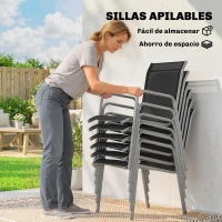 Outsunny Conjunto de Mesa y Sillas Jardín con Mesa de Vidrio Templado y 6 Sillas Apilables Transpirables para Terraza Negro(m-4)