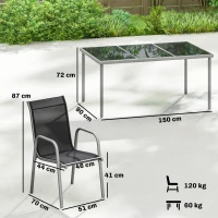 Outsunny Conjunto de Mesa y Sillas Jardín con Mesa de Vidrio Templado y 6 Sillas Apilables Transpirables para Terraza Negro(m-3)