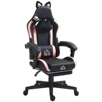HOMCOM Scaun de Gaming Reclinabil cu Suport pentru Picioare și Perne, din Piele Ecologică și Spumă, 65x62x116-124 cm, Roz și Negru(m-12)